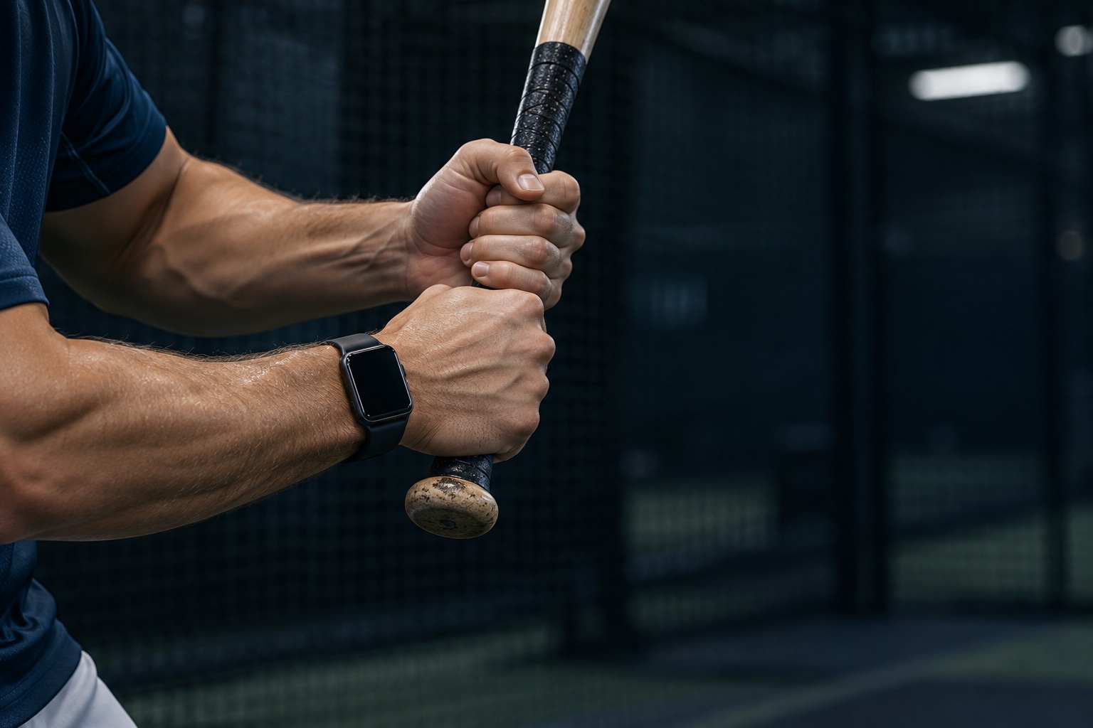 Close-up of a hitter gripping a bat while wearing a snug Apple Watch above the wrist bone on the lead wrist