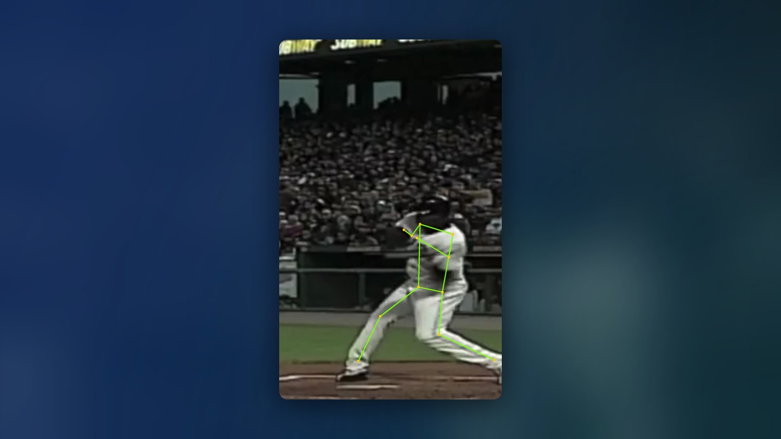 Barry Bonds at contact with the Angular pose skeleton overlaid, showing a compact, connected swing