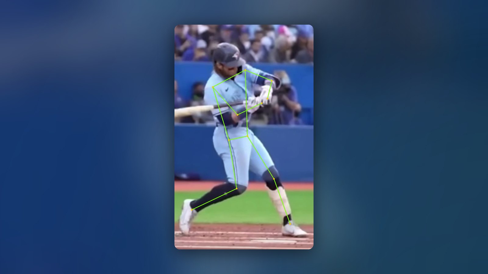 Bo Bichette at contact with the Angular pose skeleton overlaid, showing explosive hand and barrel speed through the zone