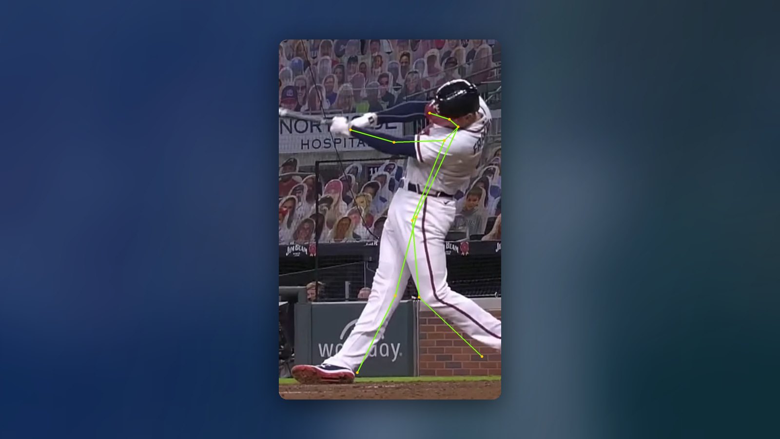 Freddie Freeman at contact with the Angular pose skeleton overlaid, chest leaning toward the pitcher over a braced front leg