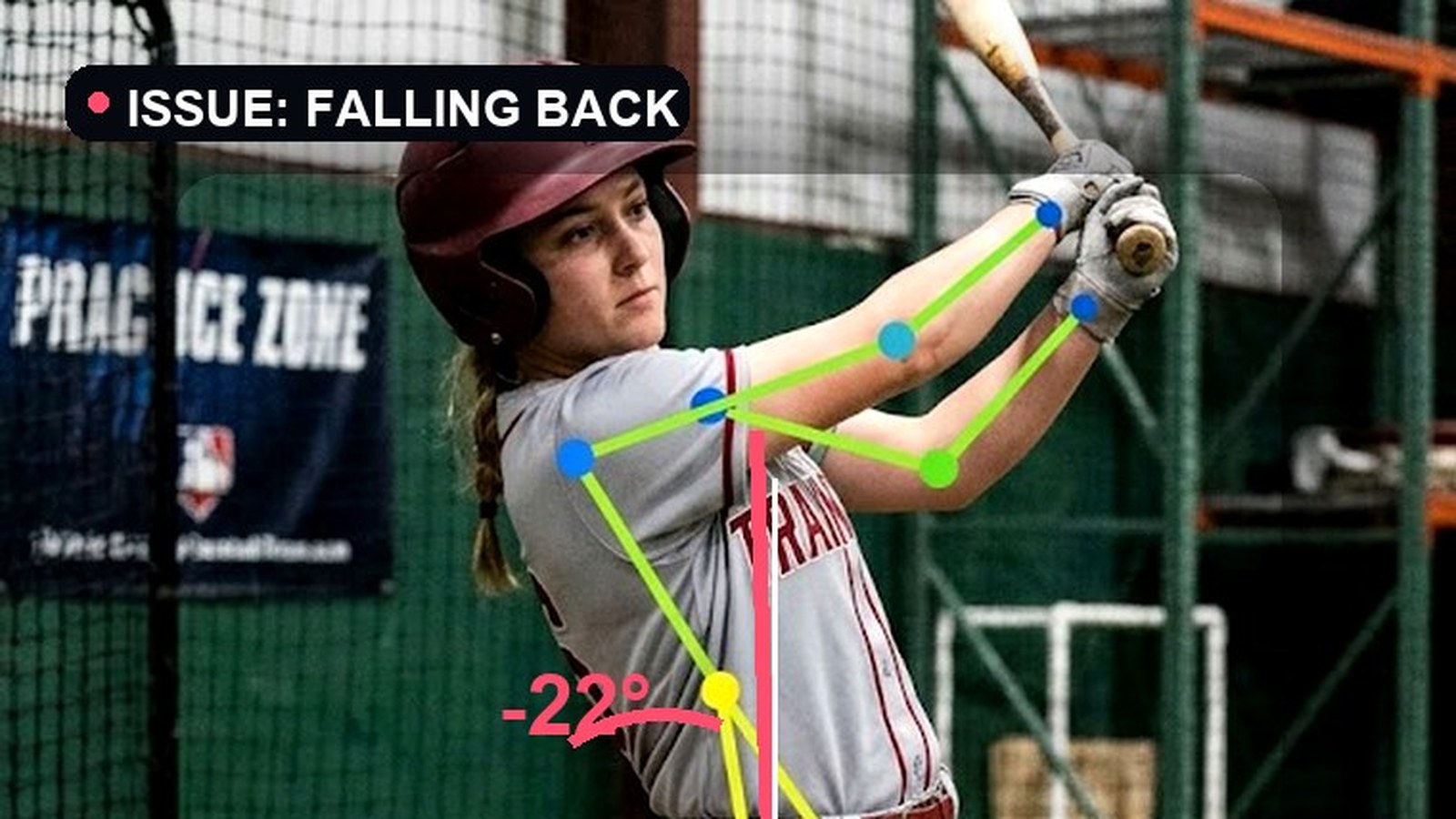 A softball hitter at contact with a skeleton overlay, an issue flagged and a trunk-lean angle measured