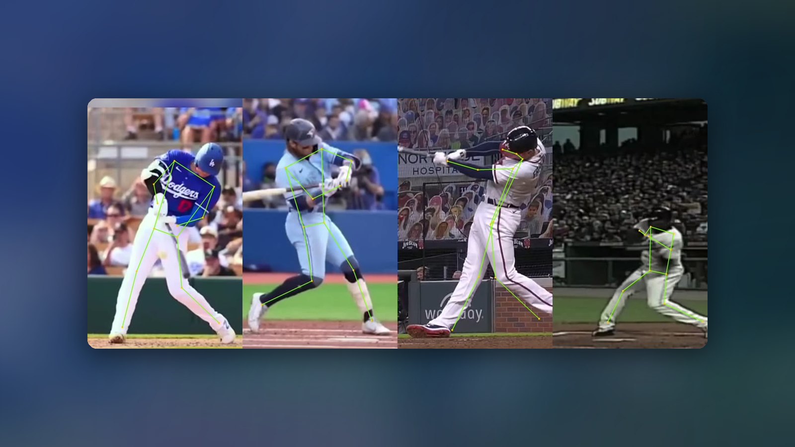 Shohei Ohtani, Bo Bichette, Freddie Freeman and Barry Bonds at contact, each with the Angular pose skeleton overlaid on their swing