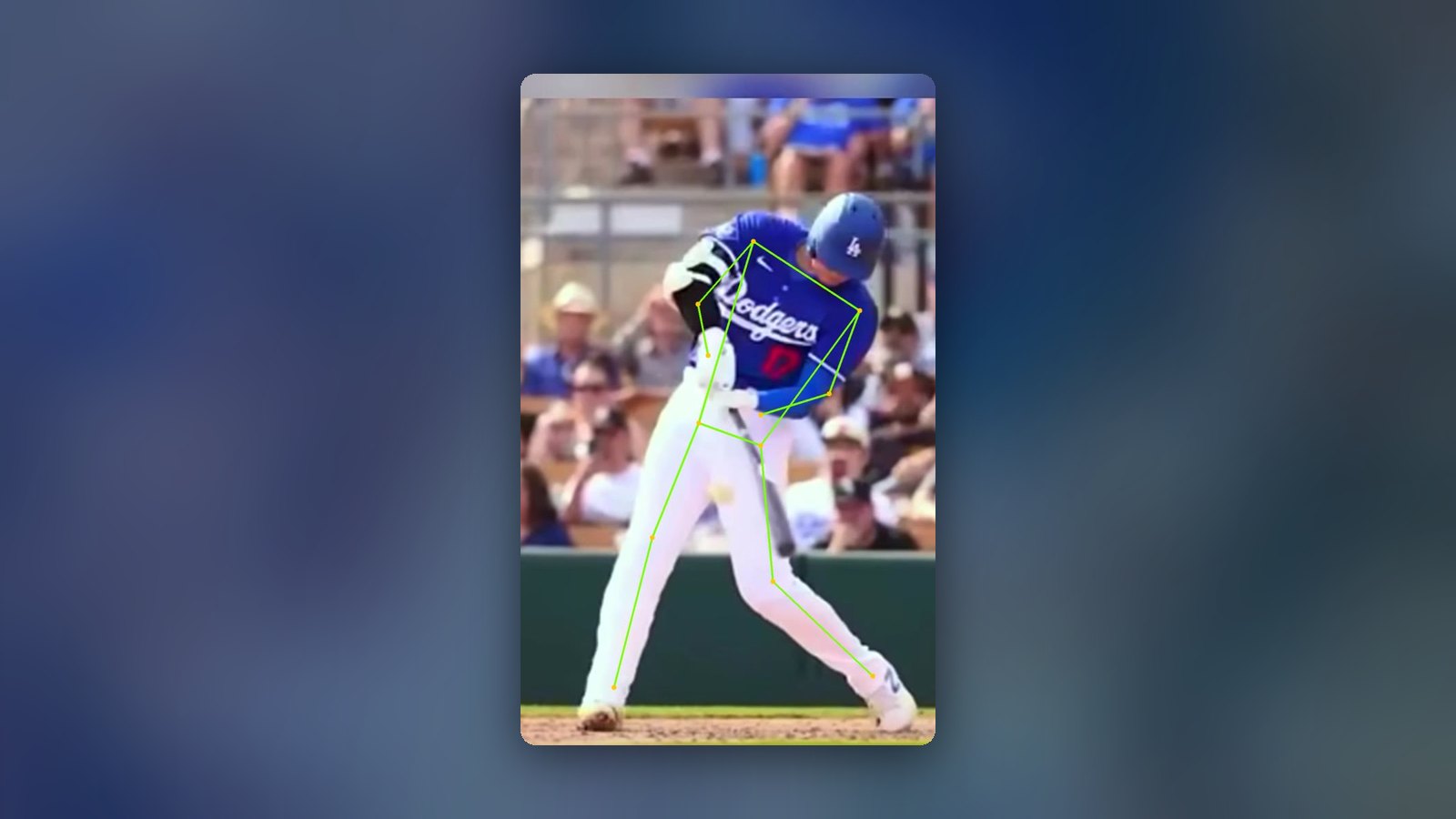Shohei Ohtani at contact with the Angular pose skeleton overlaid, hips open while the shoulders stay loaded