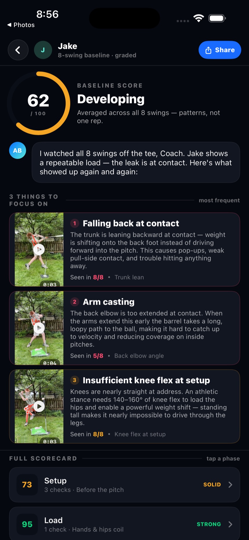 The coach's baseline report in the app: a score of 62 averaged across 8 swings, and three things to focus on, each with a clip and how many of the 8 swings it showed up in