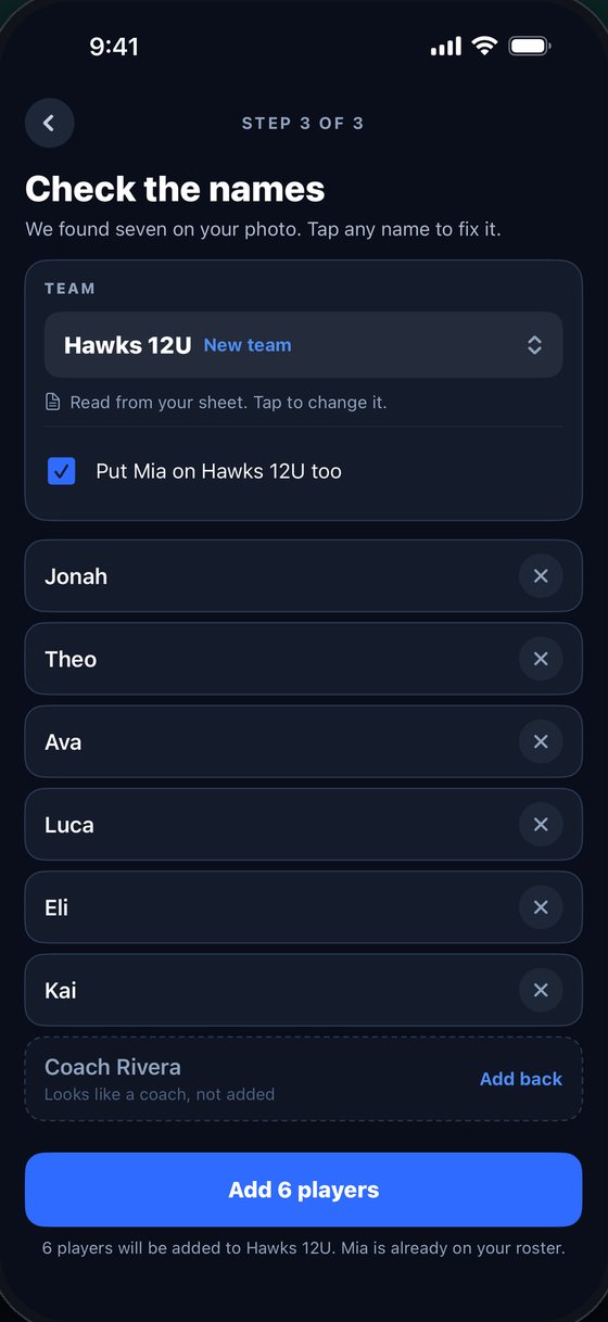 Roster scan: the names Angular read from a photo of a roster sheet, each one editable, ready to add to Hawks 12U