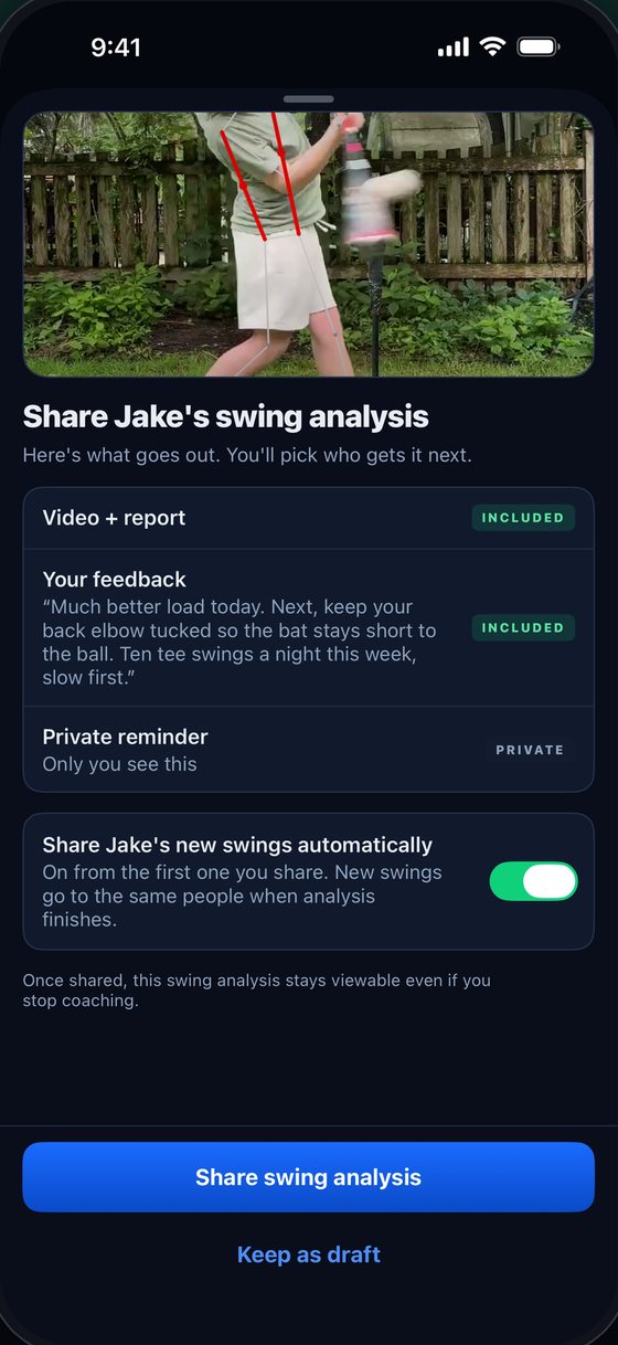 The share step: the video, report and the coach's feedback are included, a private reminder stays with the coach, and auto-share is switched on