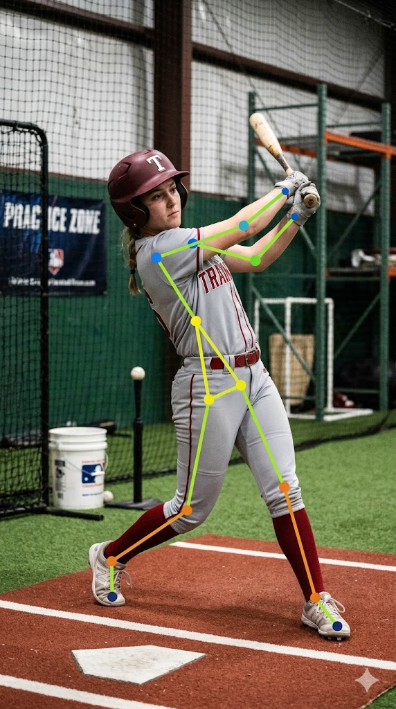 A softball hitter at follow-through with a pose skeleton drawn over her joints
