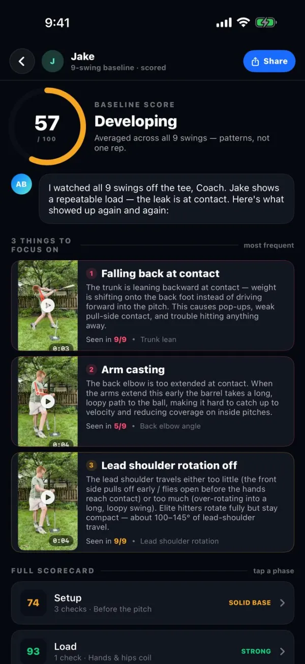 Baseline report: score 57, Developing, averaged across 9 swings, with the three things to focus on and a clip of each