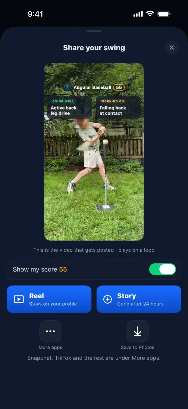 Share your swing sheet: preview, show my score toggle, Reel and Story buttons, More apps and Save to Photos