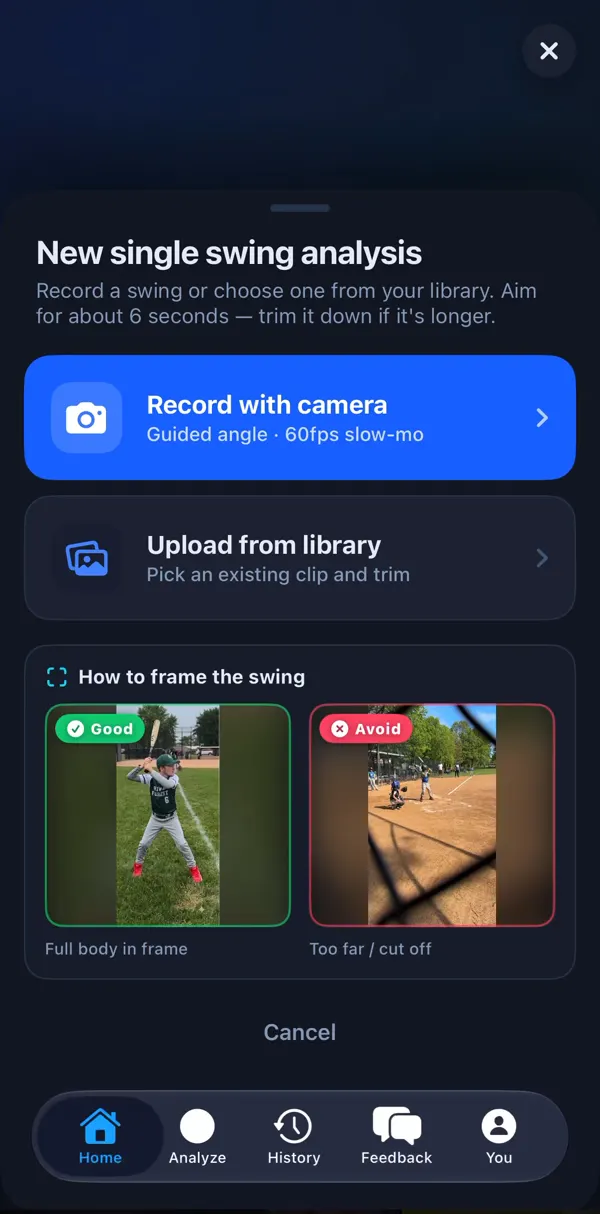 New swing analysis screen: record with camera or upload from your library, with a guide to framing the swing