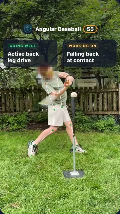 The posted story: the swing with the skeleton, score 55, going well: active back leg drive, working on: falling back at contact