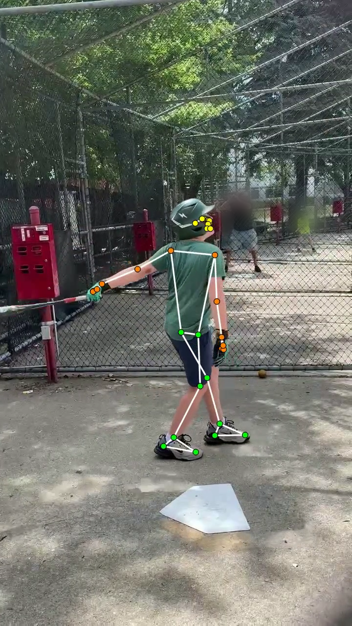 Annotated swing frame with pose-tracking skeleton overlay: a youth hitter at full extension in a batting cage
